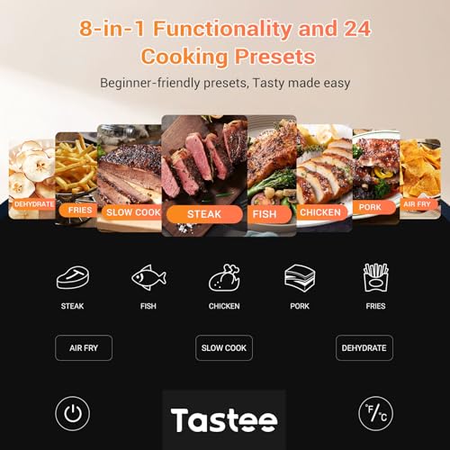 Tastee Ceramic Air Fryer, 8 in 1 Compact 5.5QT AirFryers, 450°F Digital Airfryer Dehydrator with Smart Probe, 24 Presets One touch Cooking, In app Recipes with Window, Dishwasher safe &amp; Non stick : Home &amp; Kitchen