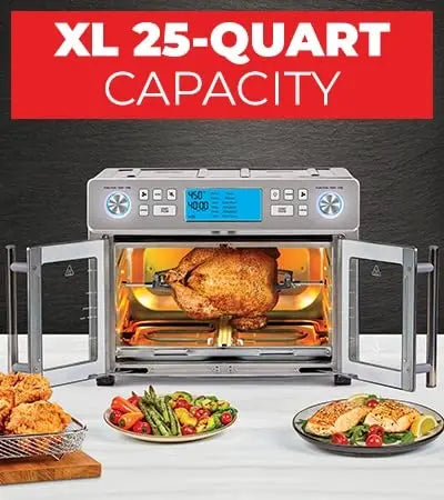 2025 Emeril Lagasse Dual Zone 360 Air Fryer Oven Combo with French Door, 25 QT Extra Large Family Size Meals to Cook Two Foods in Two Different Ways at The Same Time, Up to 60% Faster from Frozen to Finish