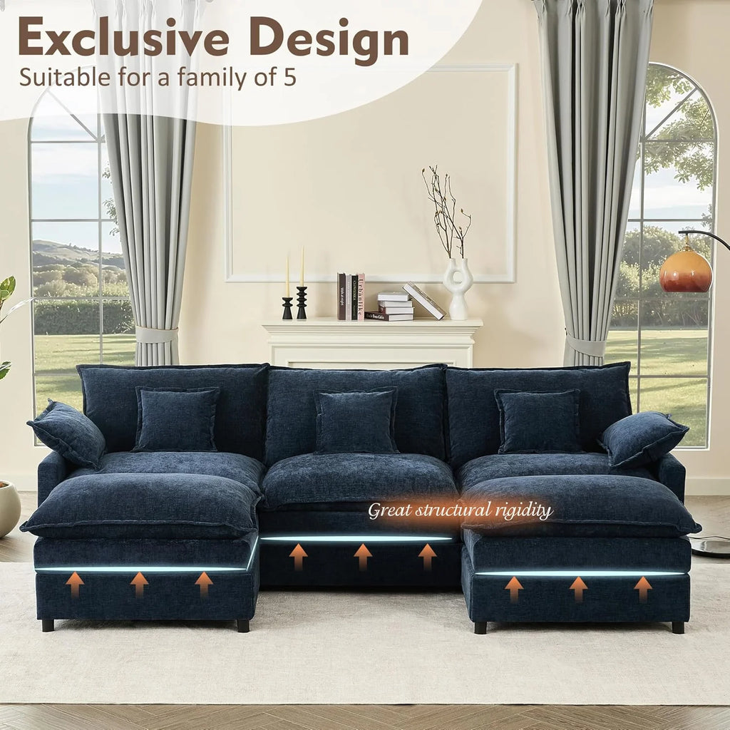 108" U Shaped Couch, Modular Sectional Sofa, 3-Seater Comfy Cloud Couch with Movable Ottoman, Deep Seat Couches for Living Room, Linen, Beige