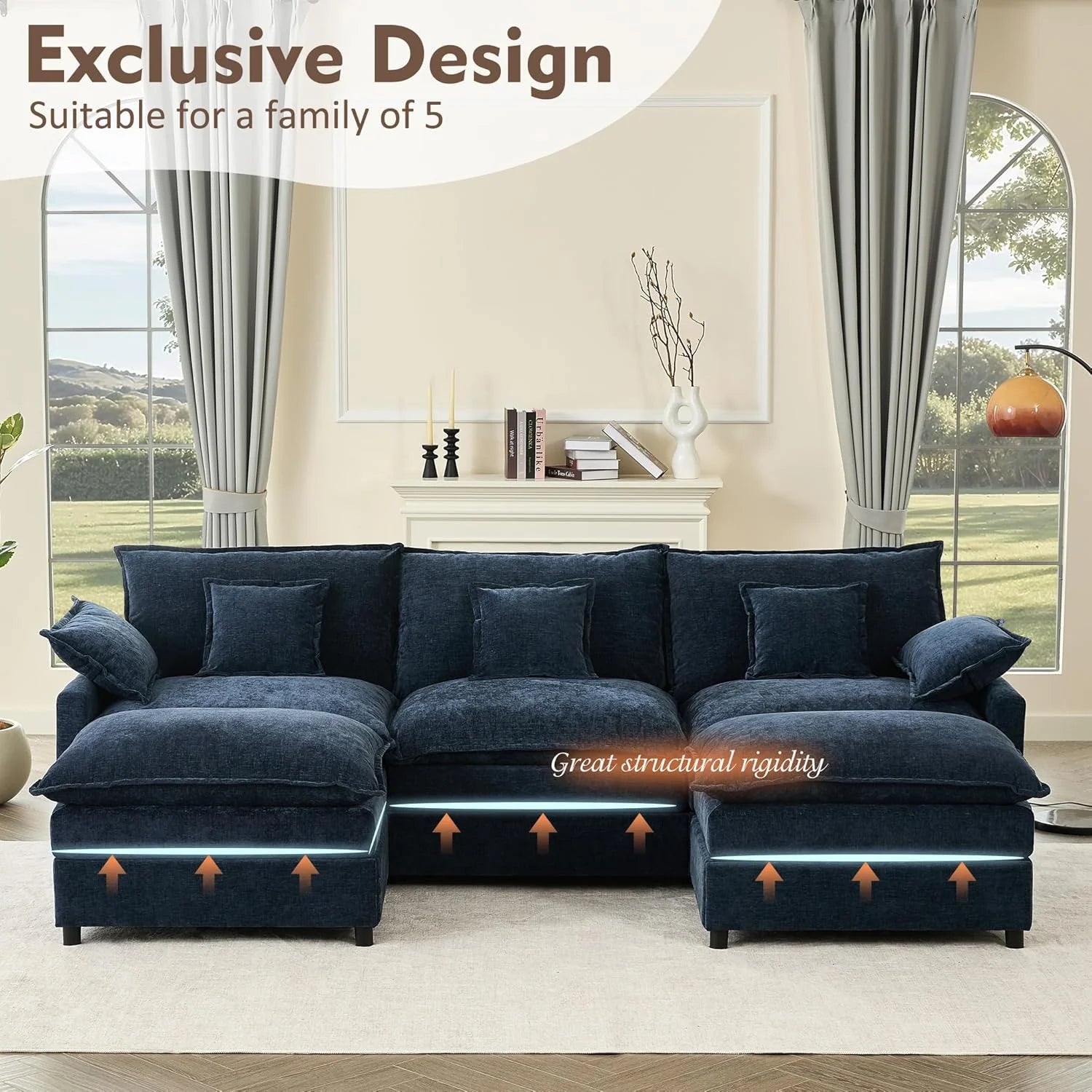 108" U Shaped Couch, Modular Sectional Sofa, 3-Seater Comfy Cloud Couch with Movable Ottoman, Deep Seat Couches for Living Room, Linen, Beige