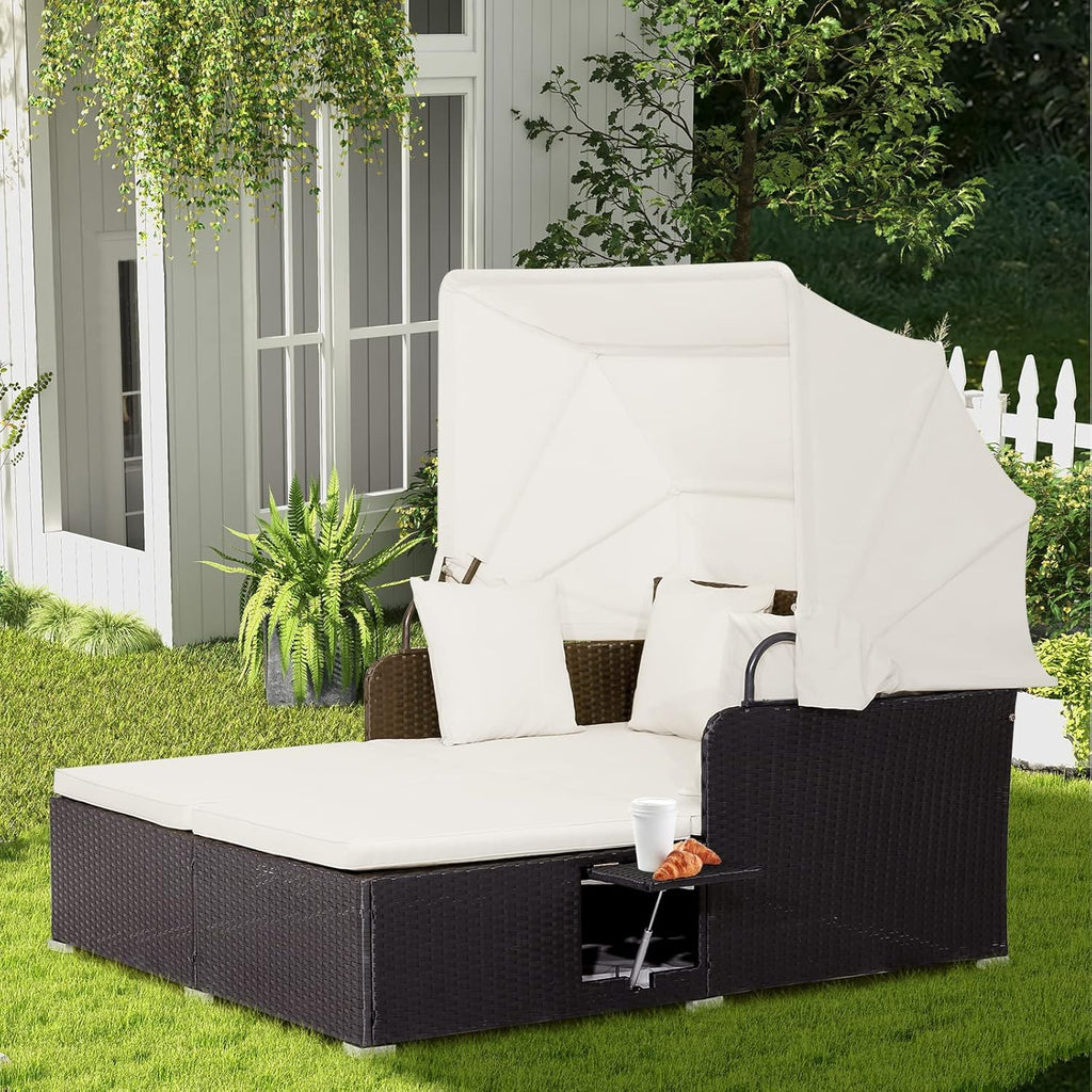 RELAX4LIFE Patio Outdoor Daybed Canopy Wicker Sunbed Cushions Lounge Bed Conversation