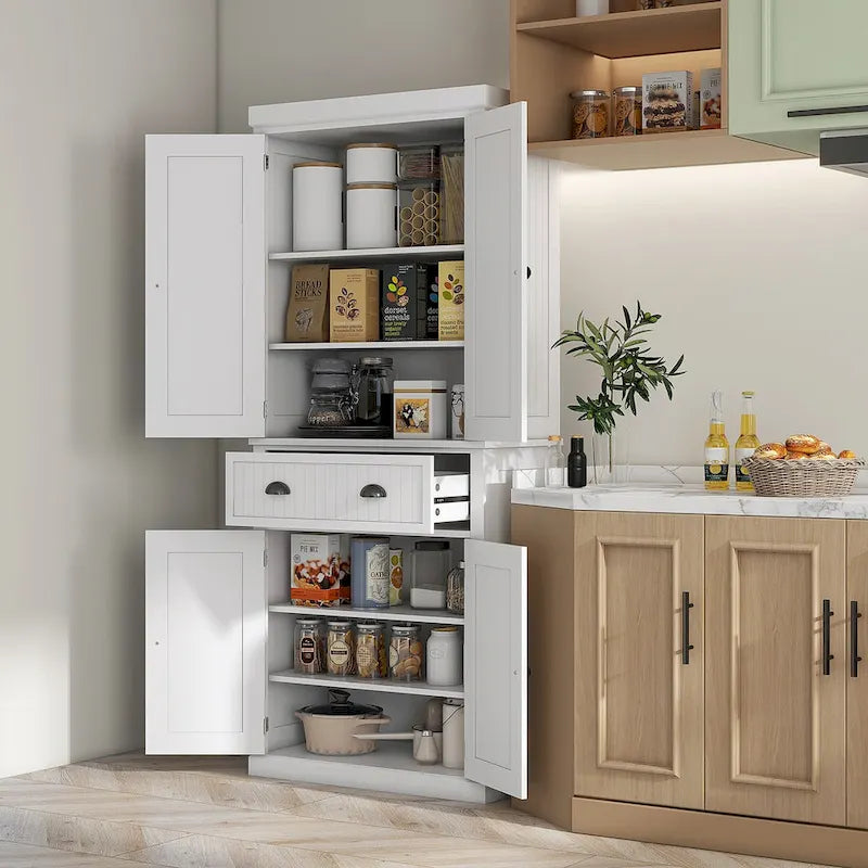 72  Kitchen Pantry Storage Cabinet, Traditional Freestanding Cabinet with 4 Doors and 3 Adjustable Shelves, Large Central Drawer