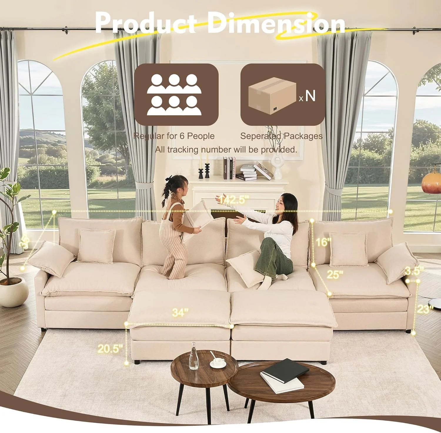 108" U Shaped Couch, Modular Sectional Sofa, 3-Seater Comfy Cloud Couch with Movable Ottoman, Deep Seat Couches for Living Room, Linen, Beige