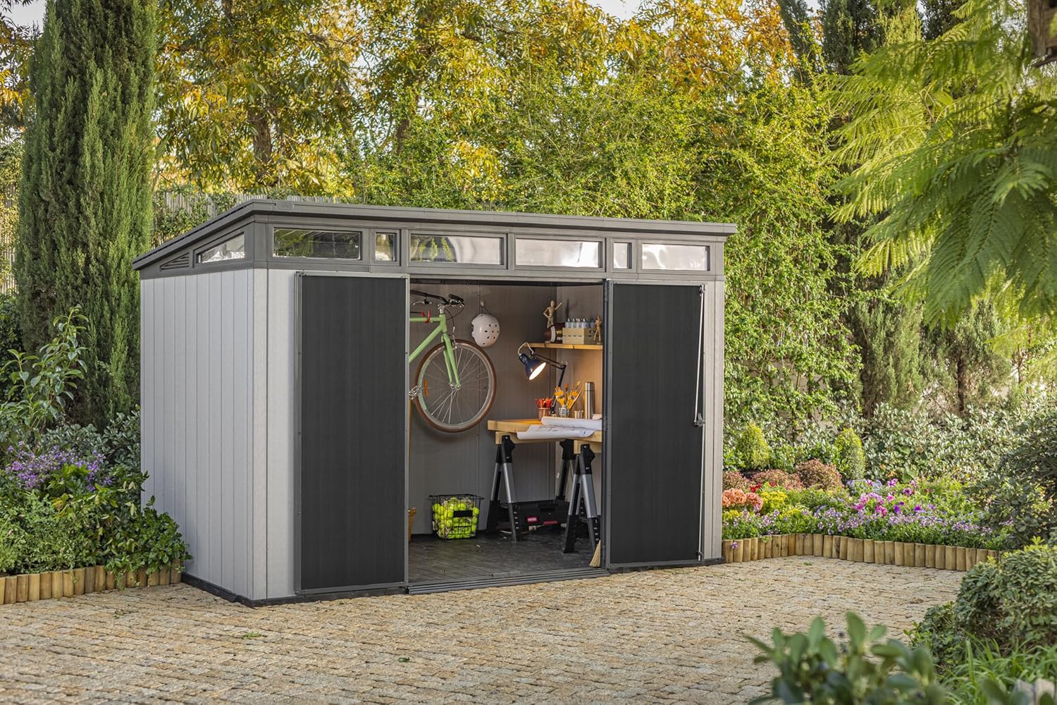 2025 Keter Artisan 11x7 Modern Resin Outdoor Storage Shed Kit-Perfect to Store Patio Furniture, Garden Tools Bike Accessories, Beach Chairs and Lawn Mower, Grey & Black