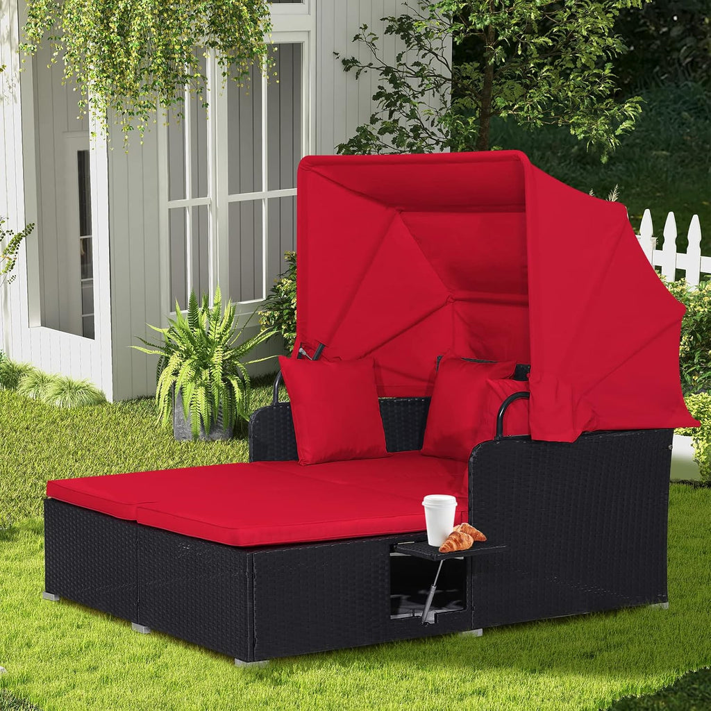 RELAX4LIFE Patio Outdoor Daybed Canopy Wicker Sunbed Cushions Lounge Bed Conversation