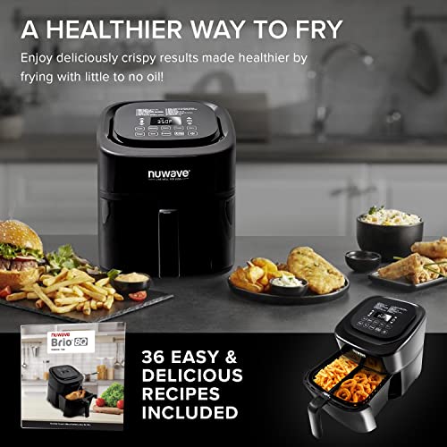 Nuwave Brio 8 Qt Air Fryer, Powerful 1800W, Easy to Read Cool White Display, 50° 400°F Temp Controls, 100 Pre Programmed Presets &amp; 50 Memory Slots, Integrated Smart Thermometer, Linear T Technology