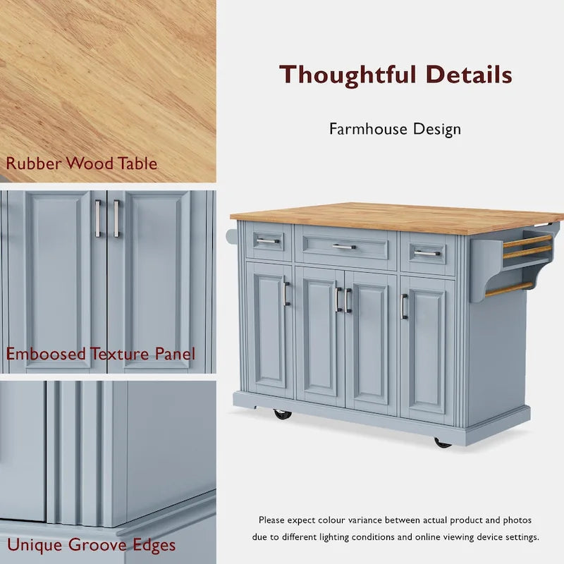 54 Large Kitchen Island with Rubber Wood Drop Leaf, Embossed Texture Rolling Kitchen Cart on 4 Wheels with 4 Doors & 3 Drawers