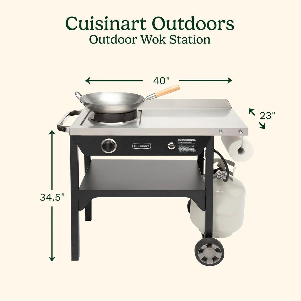Cuisinart – Outdoor Wok Station, 50,000 BTU Propane Outdoor Wok Burner w Prep Table, 14′′ Carbon Steel Wok for Stir Fry, Searing, BBQ – Black
