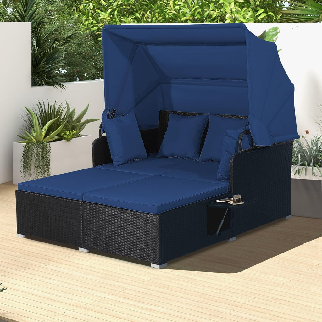 RELAX4LIFE Patio Outdoor Daybed Canopy Wicker Sunbed Cushions Lounge Bed Conversation