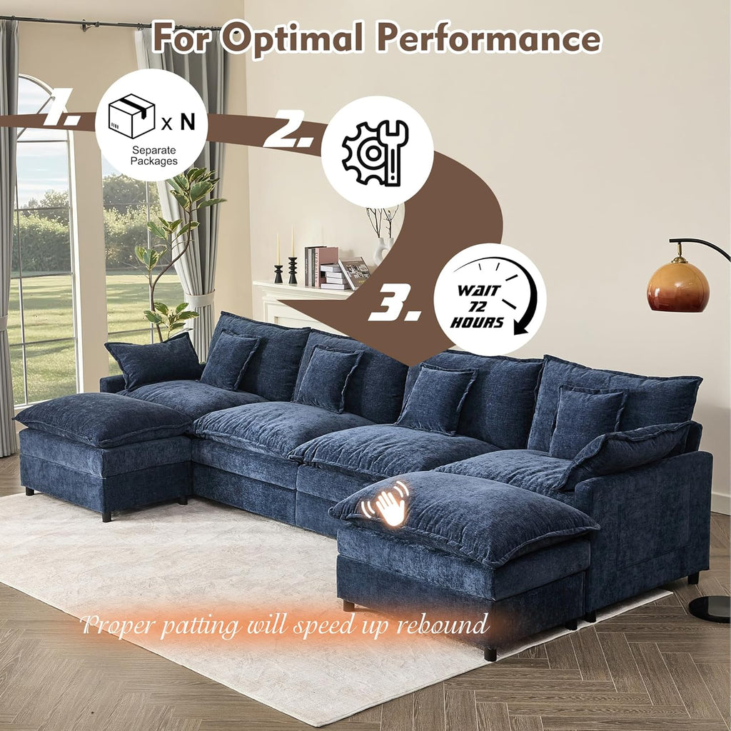 108" U Shaped Couch, Modular Sectional Sofa, 3-Seater Comfy Cloud Couch with Movable Ottoman, Deep Seat Couches for Living Room, Linen, Beige