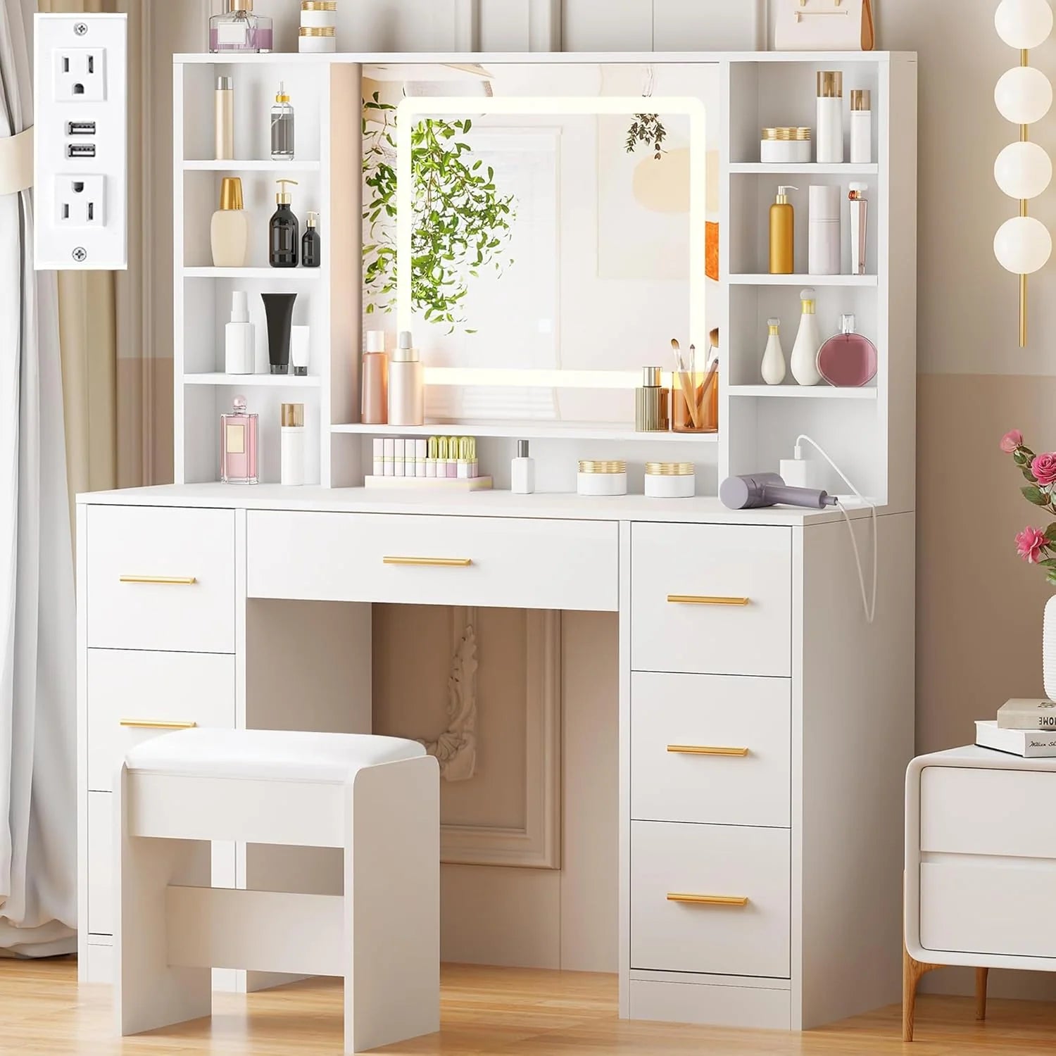 ANWBROAD Vanity Desk Table with Lighted Mirror 39.4 Girls Makeup Vanity