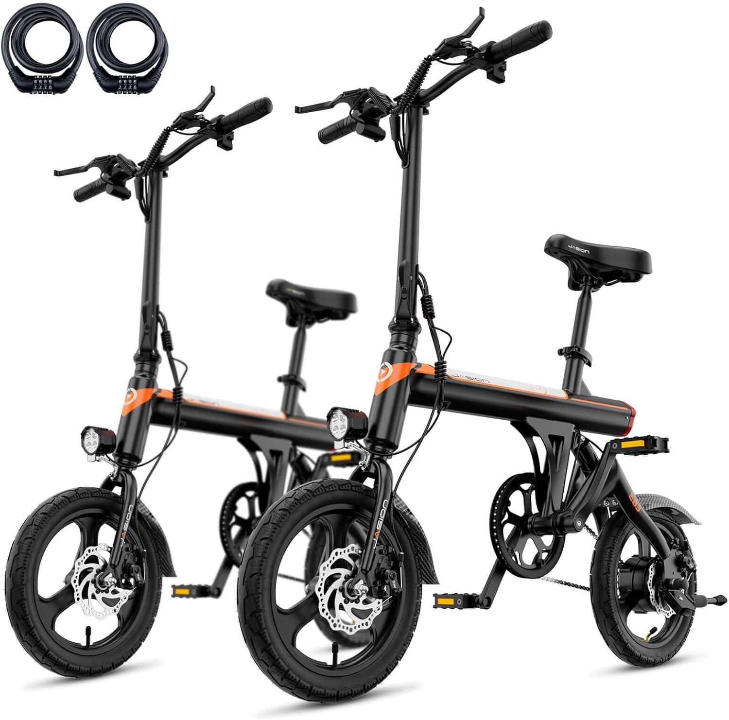Jasion EB3 Electric Bike Adults 21mph, 500W Peak Motor, 270Wh Battery, Rear Suspension, 3 Levels Assist, 14&prime;&prime; Folding Ebike for Adults and Teens, Complies to UL2849