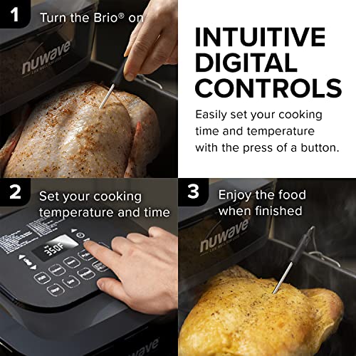 Nuwave Brio 8 Qt Air Fryer, Powerful 1800W, Easy to Read Cool White Display, 50° 400°F Temp Controls, 100 Pre Programmed Presets &amp; 50 Memory Slots, Integrated Smart Thermometer, Linear T Technology