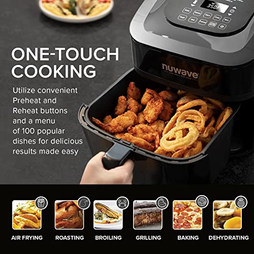 Nuwave Brio 8 Qt Air Fryer, Powerful 1800W, Easy to Read Cool White Display, 50° 400°F Temp Controls, 100 Pre Programmed Presets &amp; 50 Memory Slots, Integrated Smart Thermometer, Linear T Technology
