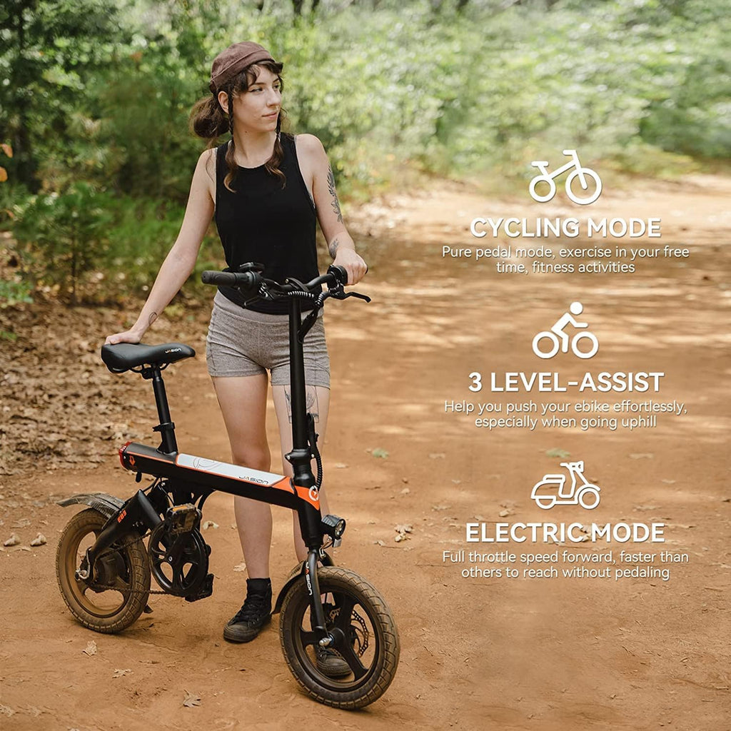 Jasion EB3 Electric Bike Adults 21mph, 500W Peak Motor, 270Wh Battery, Rear Suspension, 3 Levels Assist, 14&prime;&prime; Folding Ebike for Adults and Teens, Complies to UL2849