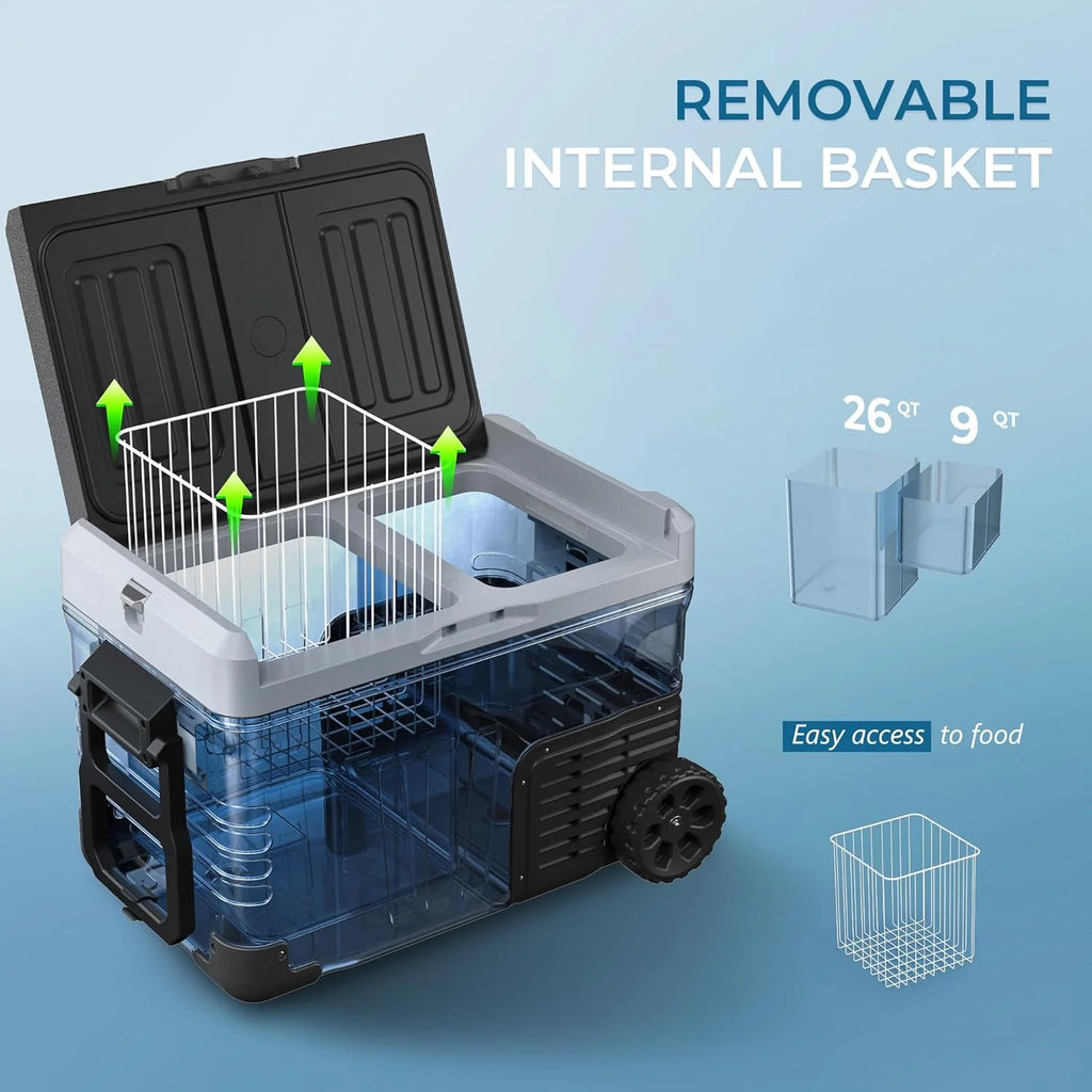 EUHOMY 12 Volt Refrigerator, 53QT(50L) Electric Cooler, Portable Freezer 12V/24V DC 110-240V AC, 12V Fridge -4℉~68℉, 12V Cooler with Wheels & 2 Baskets for Travel, Truck, Boat, Camping