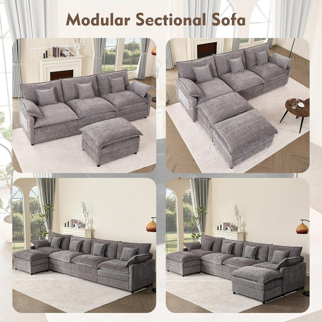 108" U Shaped Couch, Modular Sectional Sofa, 3-Seater Comfy Cloud Couch with Movable Ottoman, Deep Seat Couches for Living Room, Linen, Beige