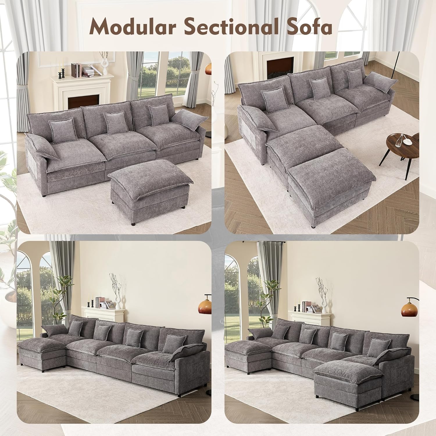 108" U Shaped Couch, Modular Sectional Sofa, 3-Seater Comfy Cloud Couch with Movable Ottoman, Deep Seat Couches for Living Room, Linen, Beige