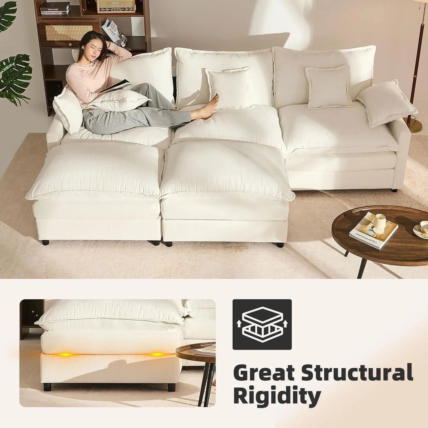 108" U Shaped Couch, Modular Sectional Sofa, 3-Seater Comfy Cloud Couch with Movable Ottoman, Deep Seat Couches for Living Room, Linen, Beige