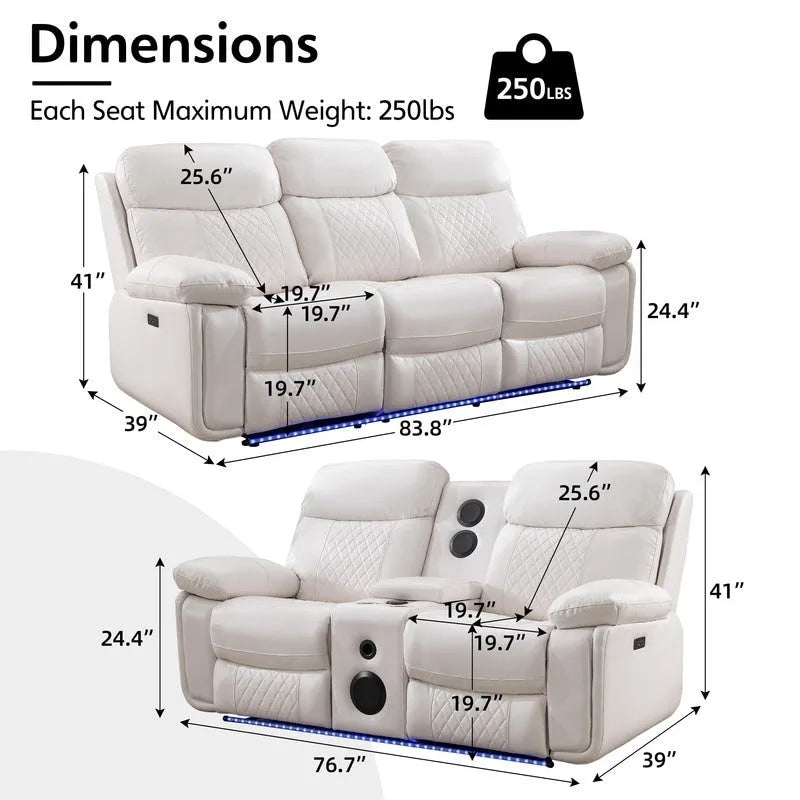Power Reclining Sofa with Wireless Charger,Reading Light,LED Light for Living Room,Faux Leather,AC/USB Port,Cup Holder,Black