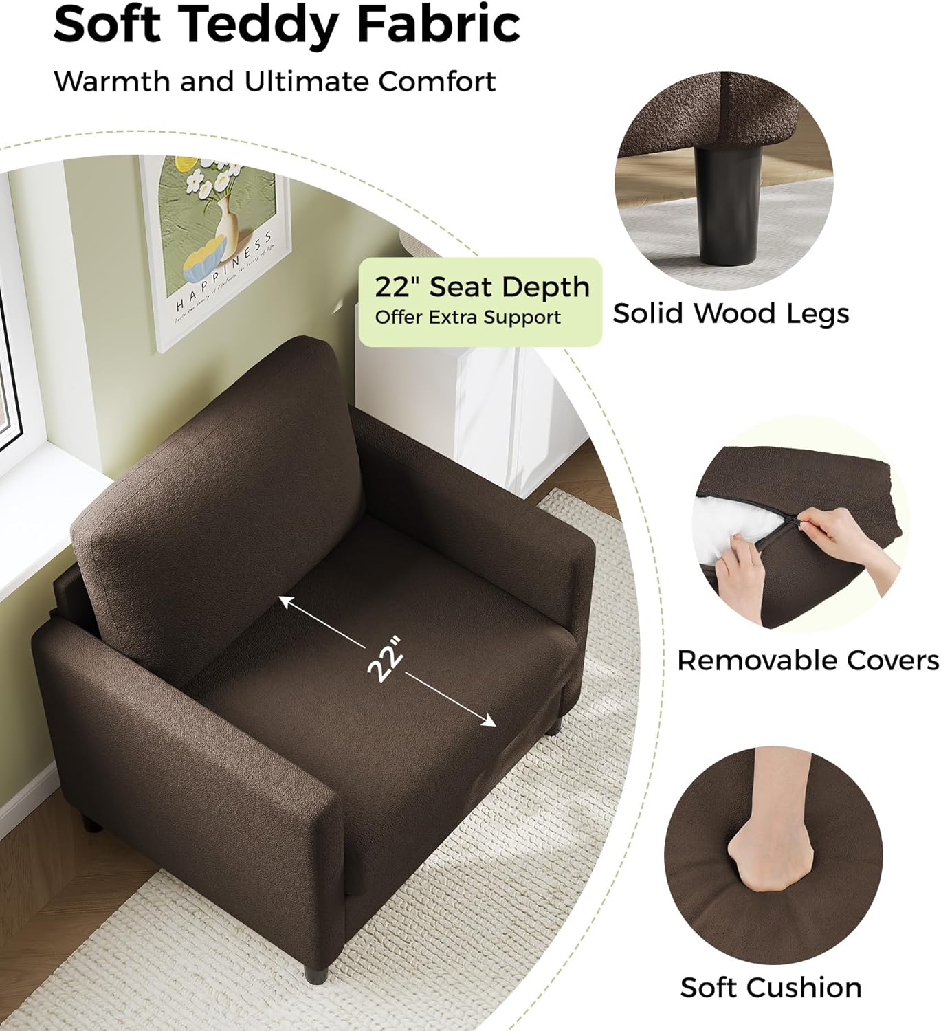 Loveseat Sofa 51" Love Seat Comfy Corduroy Small Loveseat Small Spaces Tool-Free Setup Couch