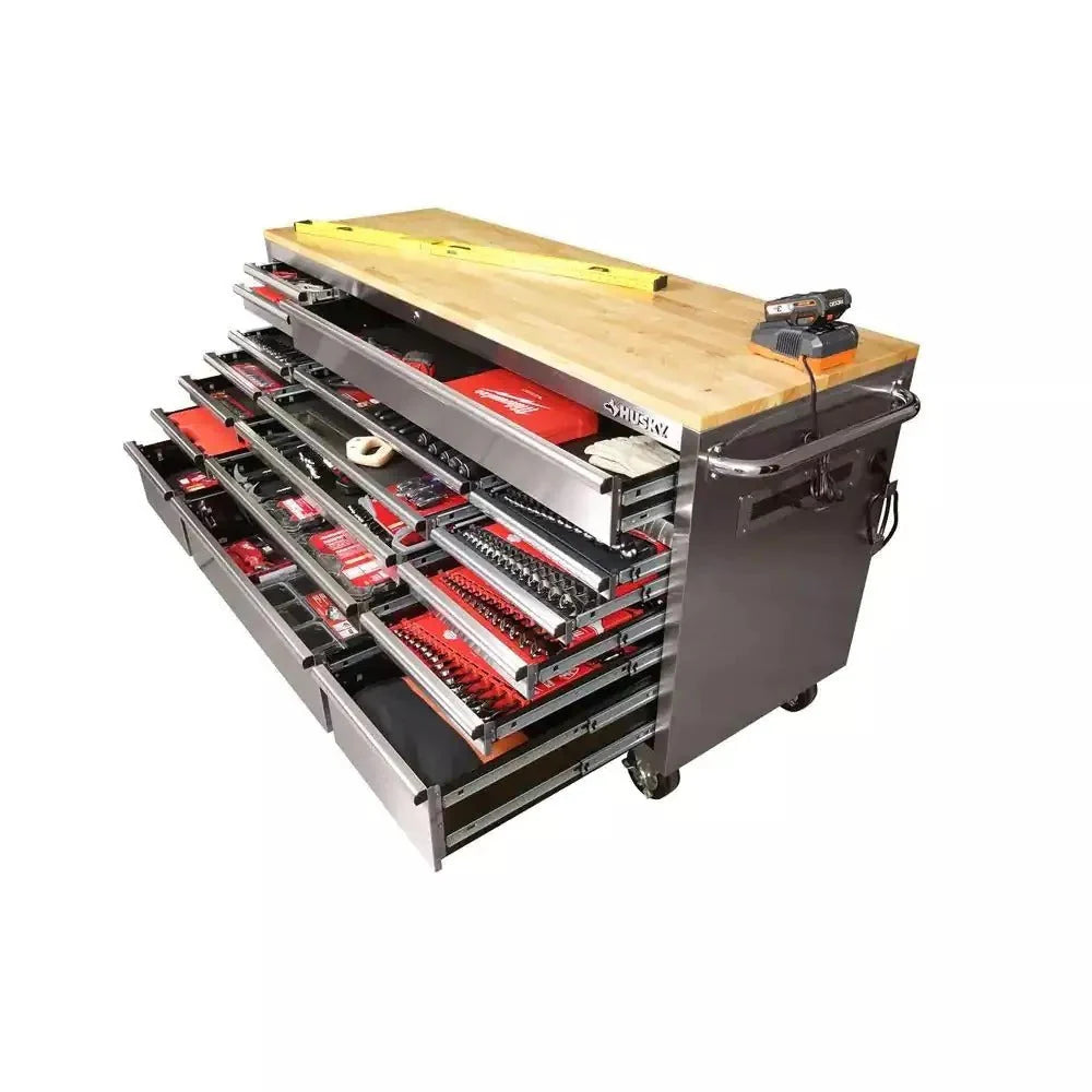 2025 72 in. 18-Drawer 24 in. D Mobile Workbench with Solid Wood Top Stainless Steel