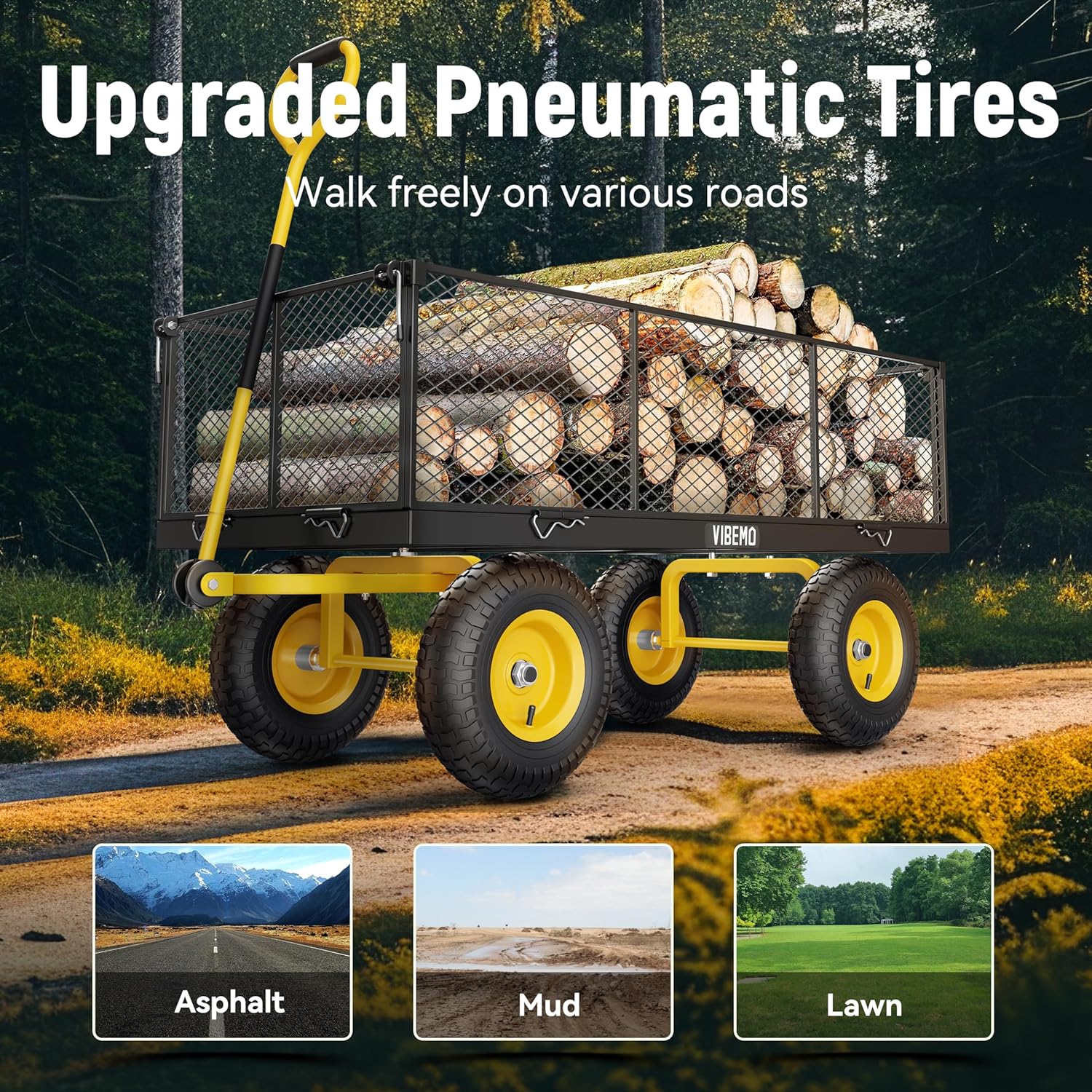 Steel Garden Cart 2-in-1 1400 lbs Heavy Duty Utility Wagon with Removable Mesh Sides to Convert into Flatbed 240?? U-Turn 13" Pneumatic Tires Garden Wagon for Farm Yard Lawn Garden Camping