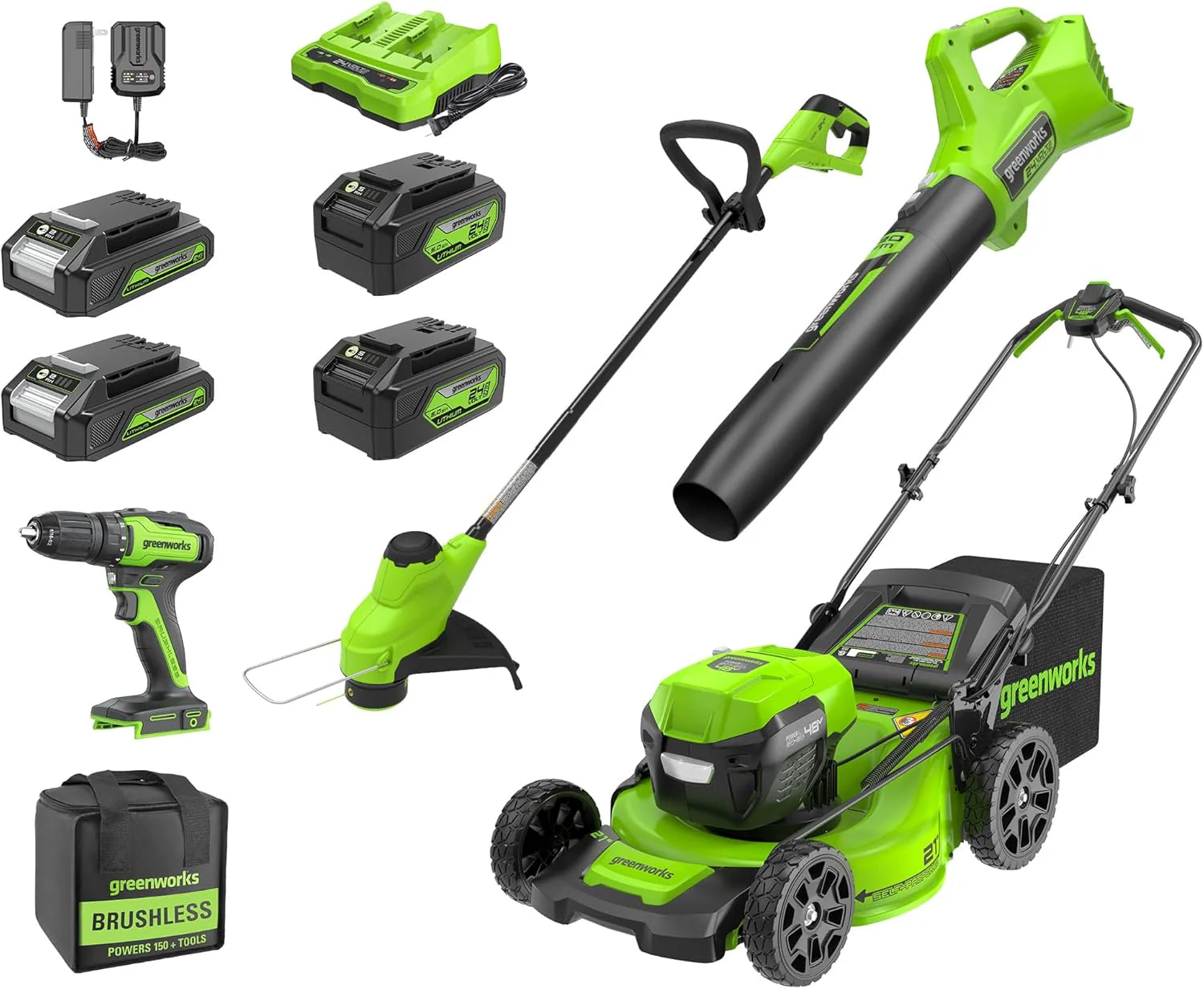 Greenworks 48V (24V x 2) 21" Brushless Self-Propelled Mower+12" String Trimmer+320CFM