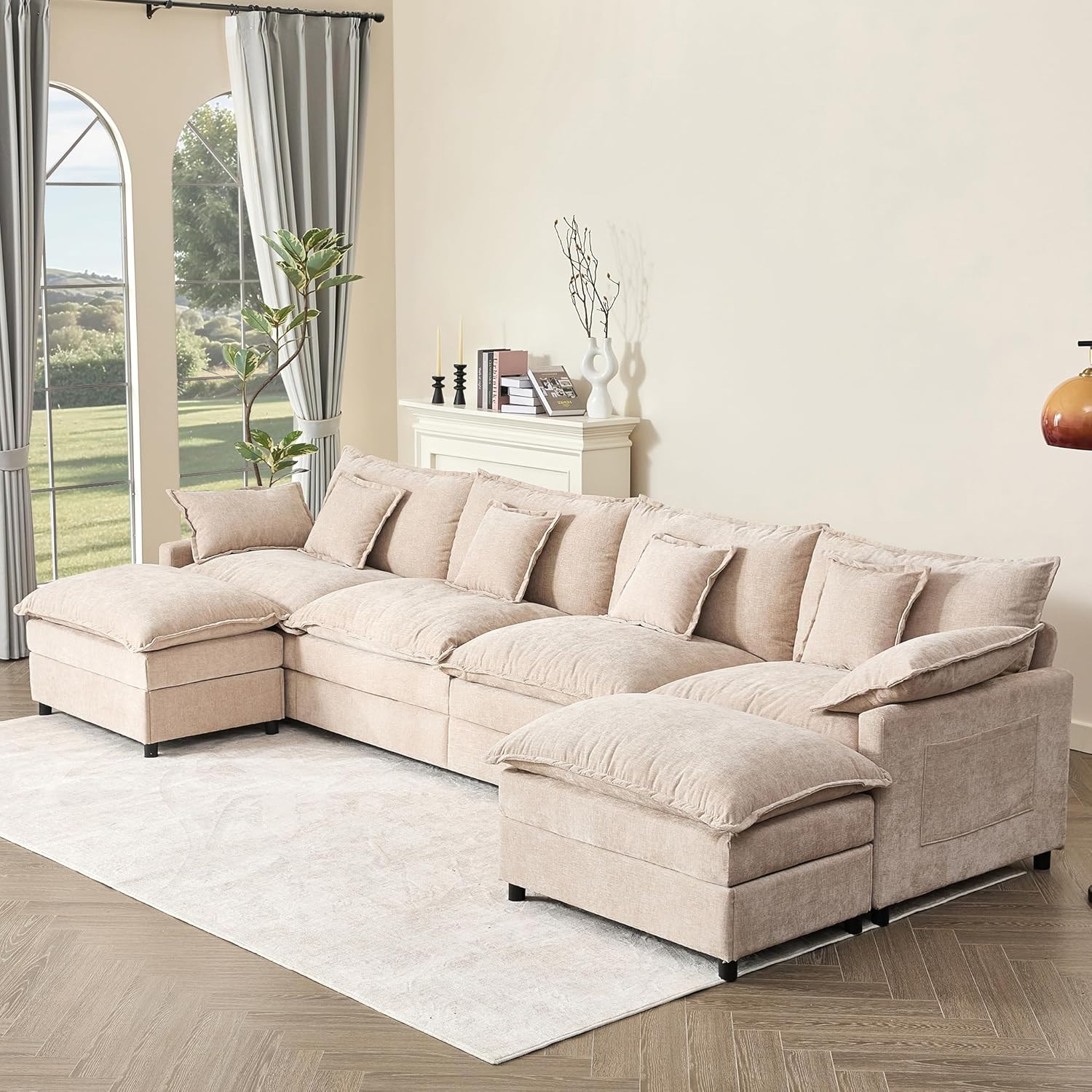 108" U Shaped Couch, Modular Sectional Sofa, 3-Seater Comfy Cloud Couch with Movable Ottoman, Deep Seat Couches for Living Room, Linen, Beige