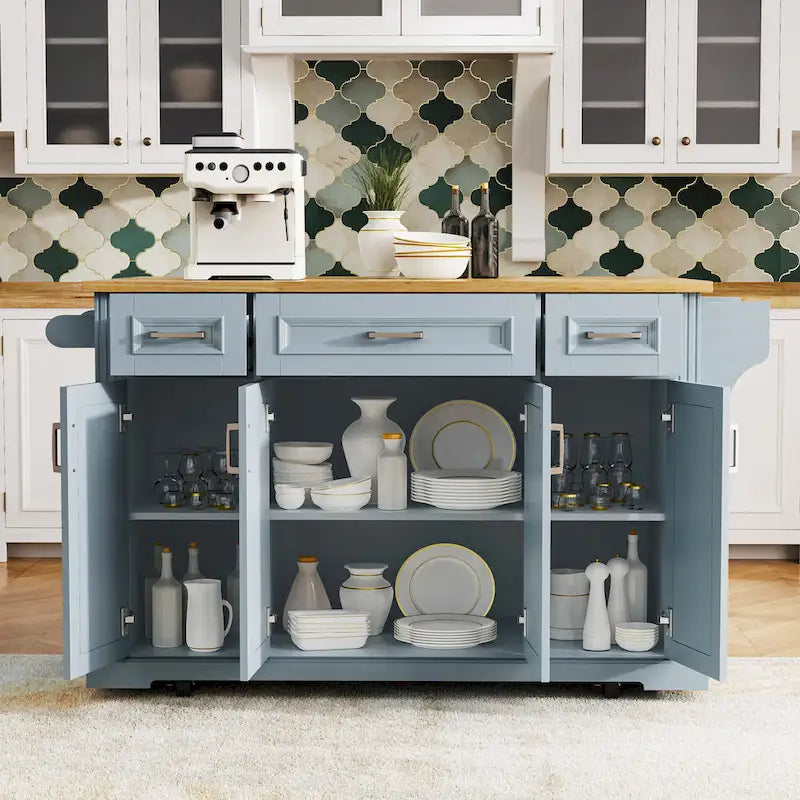 54 Large Kitchen Island with Rubber Wood Drop Leaf, Embossed Texture Rolling Kitchen Cart on 4 Wheels with 4 Doors & 3 Drawers