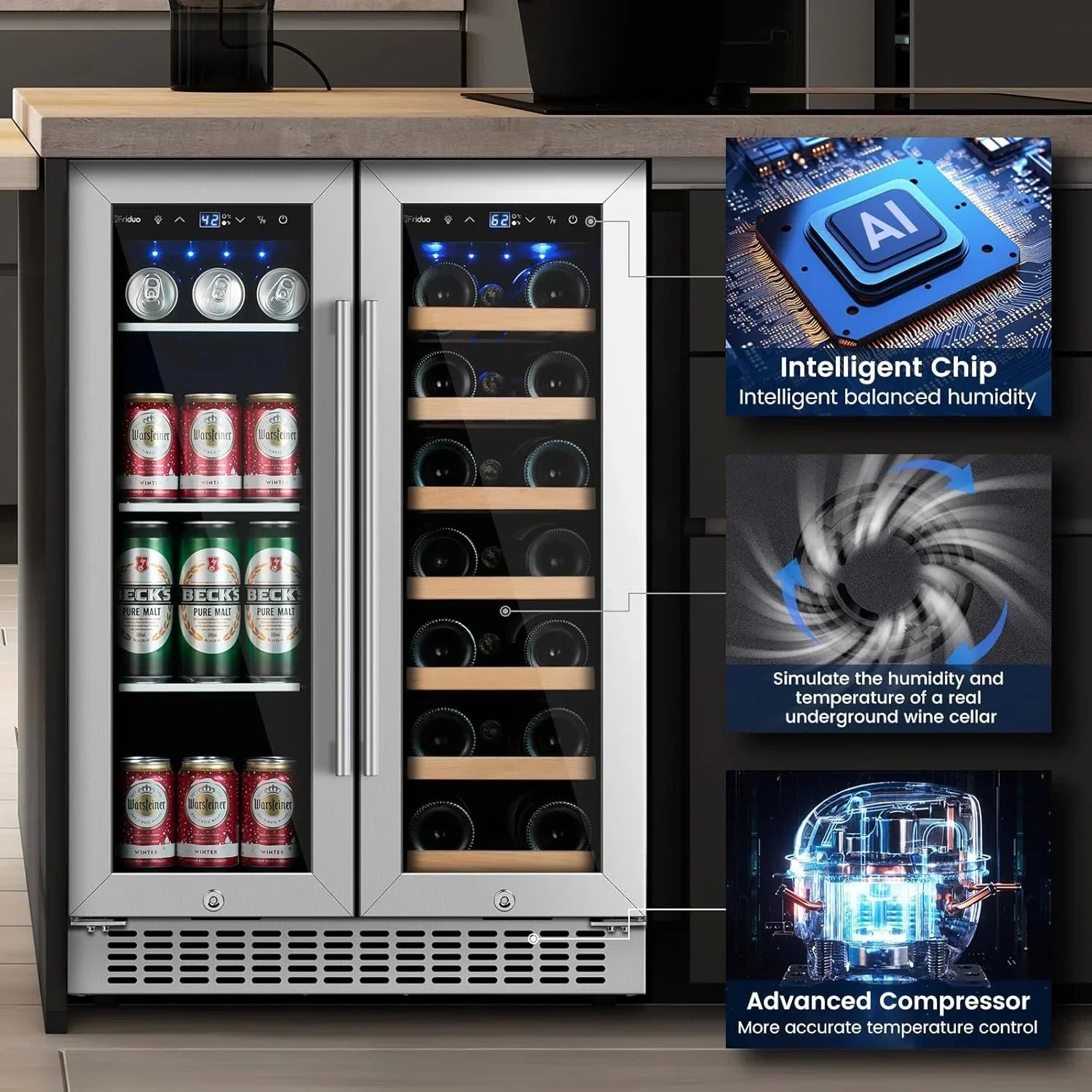 24 inch Dual Zone Beverage Refrigerator 30 Bottles 82 Cans Wine Fridge Built-in or Freestanding