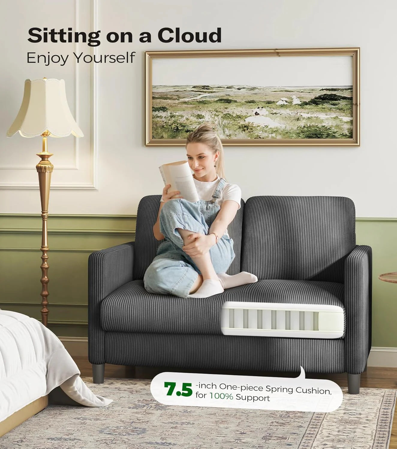 Loveseat Sofa 51" Love Seat Comfy Corduroy Small Loveseat Small Spaces Tool-Free Setup Couch