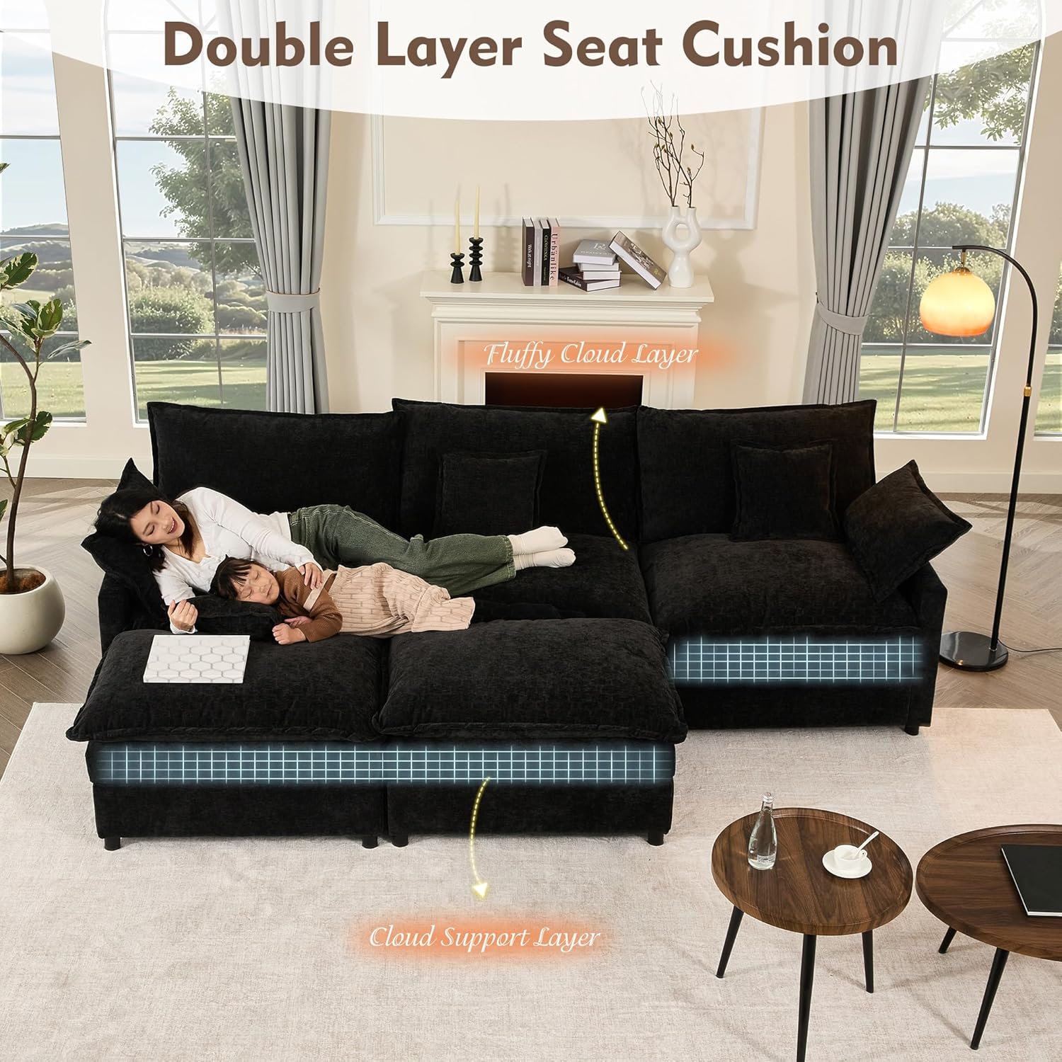 108" U Shaped Couch, Modular Sectional Sofa, 3-Seater Comfy Cloud Couch with Movable Ottoman, Deep Seat Couches for Living Room, Linen, Beige