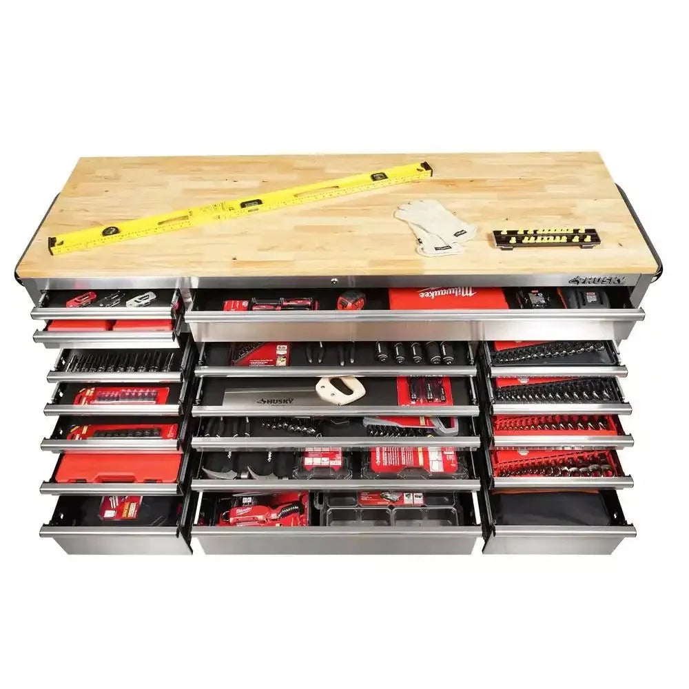 2025 72 in. 18-Drawer 24 in. D Mobile Workbench with Solid Wood Top Stainless Steel