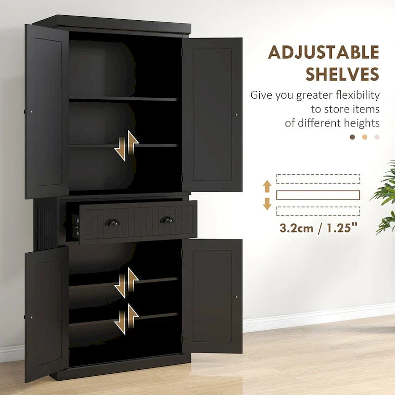 72  Kitchen Pantry Storage Cabinet, Traditional Freestanding Cabinet with 4 Doors and 3 Adjustable Shelves, Large Central Drawer