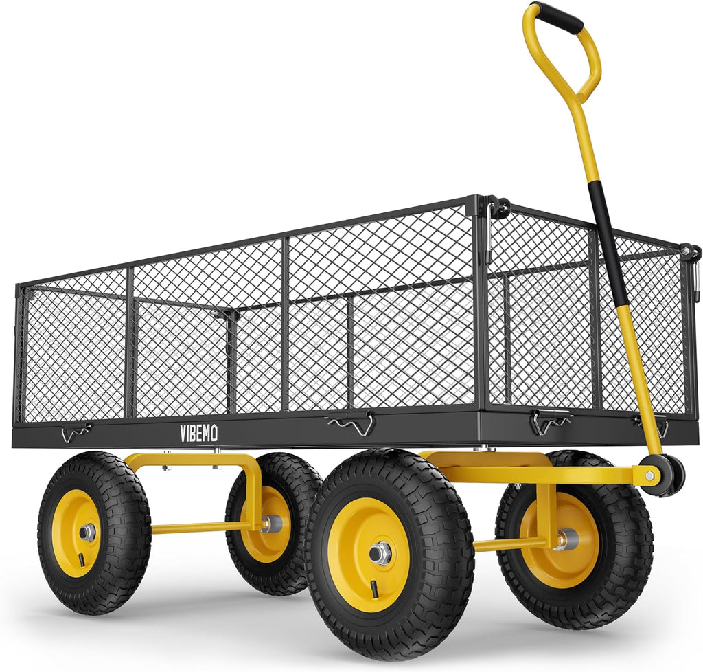 Steel Garden Cart 2-in-1 1400 lbs Heavy Duty Utility Wagon with Removable Mesh Sides to Convert into Flatbed 240?? U-Turn 13" Pneumatic Tires Garden Wagon for Farm Yard Lawn Garden Camping