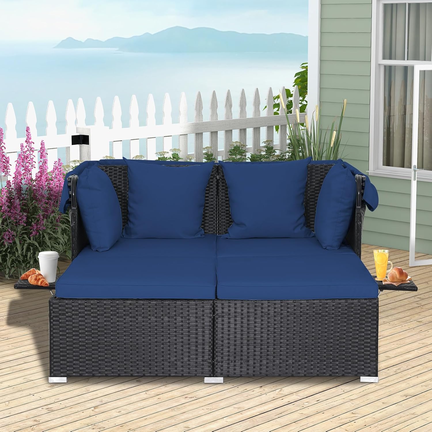 RELAX4LIFE Patio Outdoor Daybed Canopy Wicker Sunbed Cushions Lounge Bed Conversation
