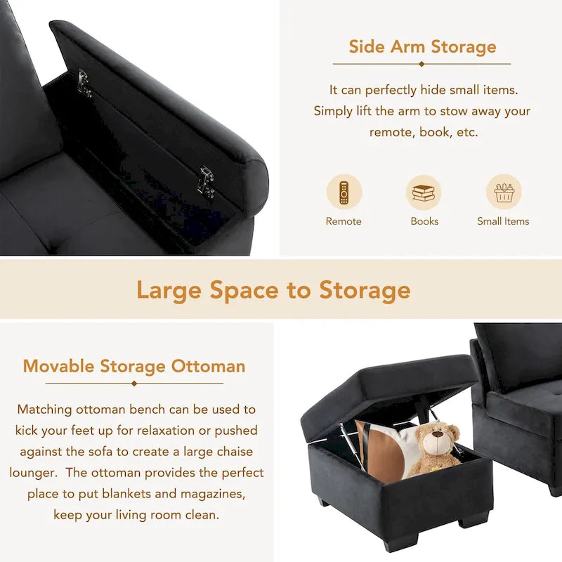 84.75  L-Shaped 5-Seat Sleeper Sectional Sofa with Storage Ottoman, Hidden Arm Storage, and USB Charging for Living Room