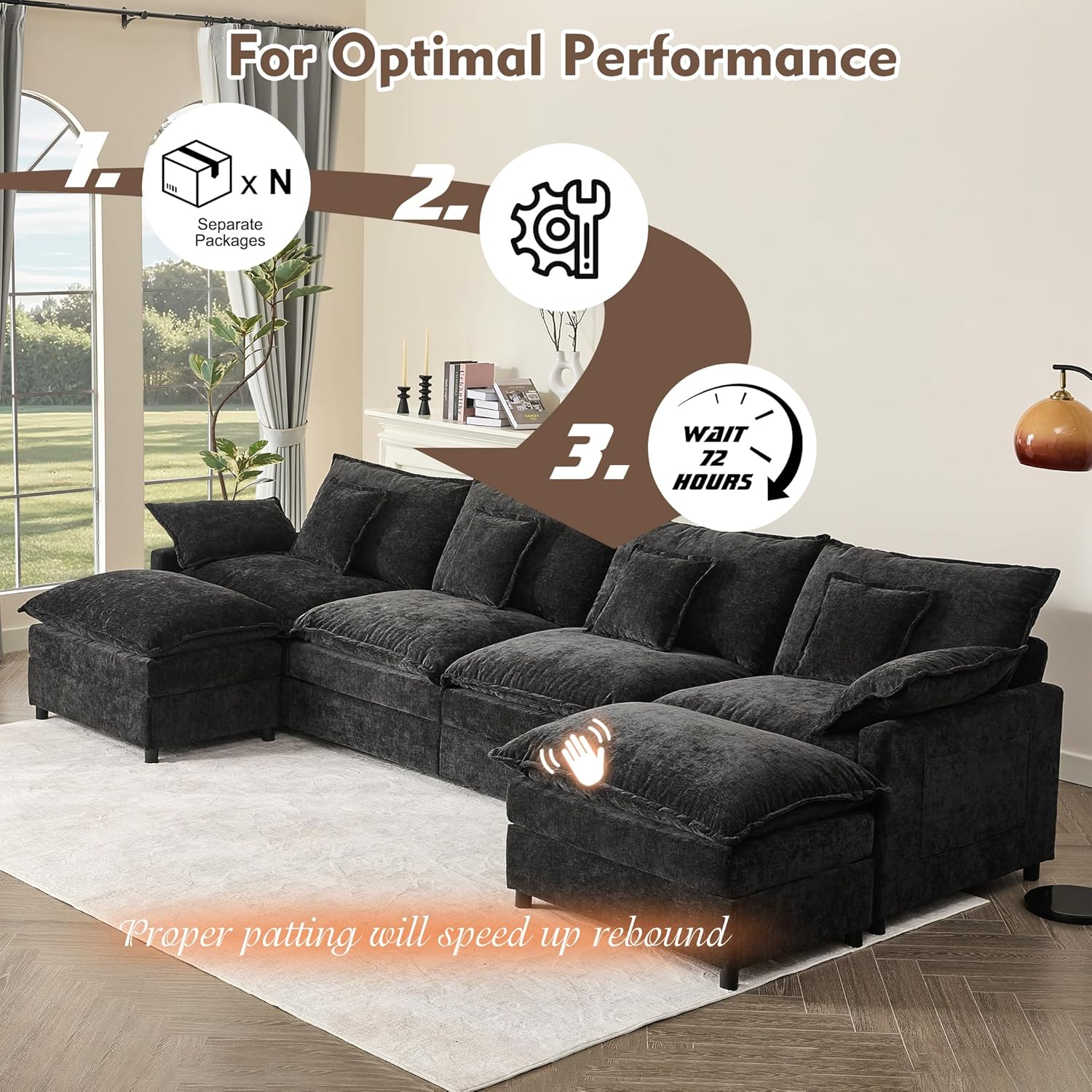 108" U Shaped Couch, Modular Sectional Sofa, 3-Seater Comfy Cloud Couch with Movable Ottoman, Deep Seat Couches for Living Room, Linen, Beige