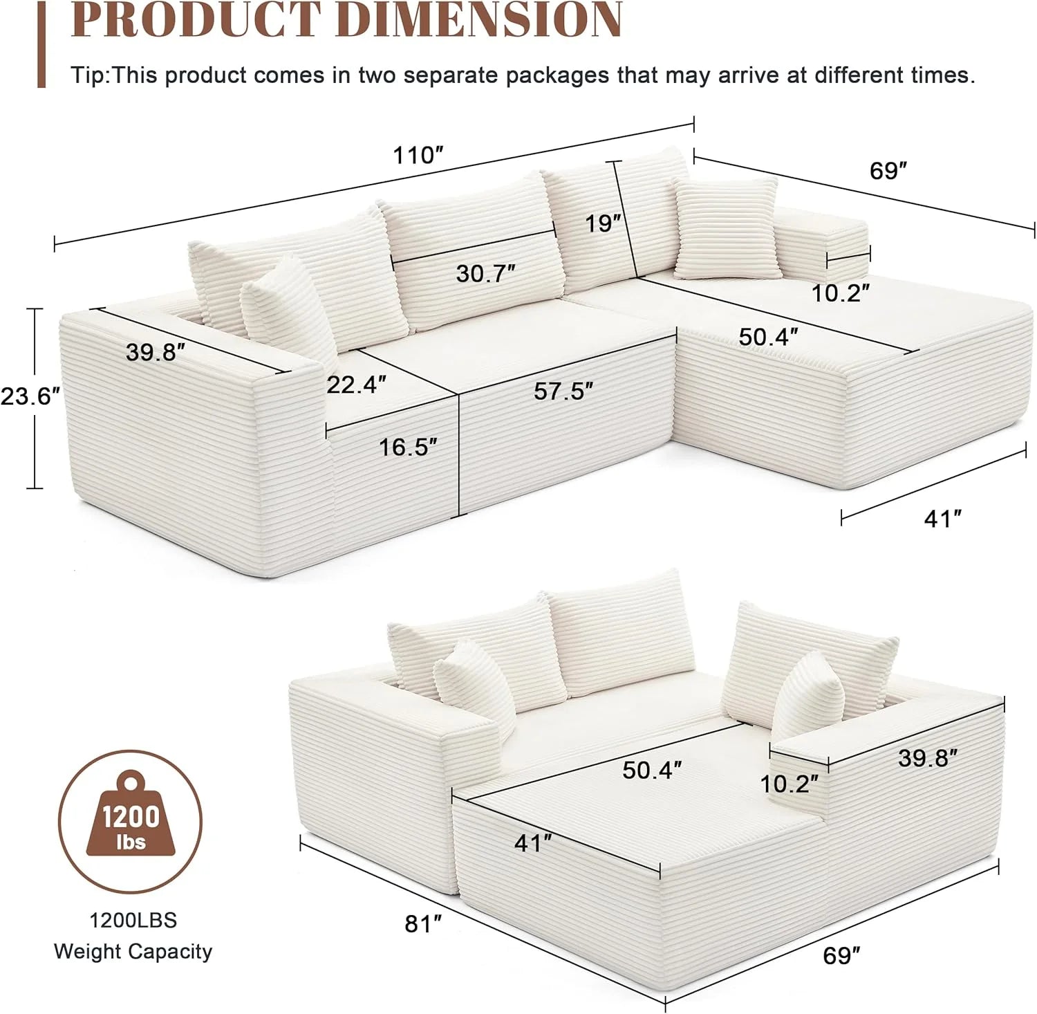 110 Cloud Sectional Couch, Boneless Sofa for Living Room Modular Sectional Sofa with Deep Seat
