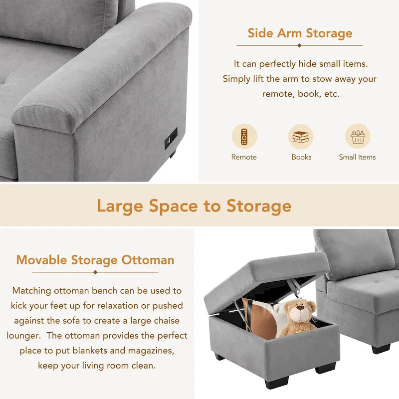 84.75  L-Shaped 5-Seat Sleeper Sectional Sofa with Storage Ottoman, Hidden Arm Storage, and USB Charging for Living Room