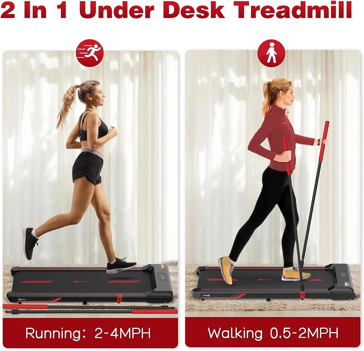 Superjoe Walking Pad Treadmill Under Desk 2 in 1 with Remote Control & Removable Handrails Under Desk Treadmills for Home Exercise Walking Running Jogging Machine LED Display Free Installation Red