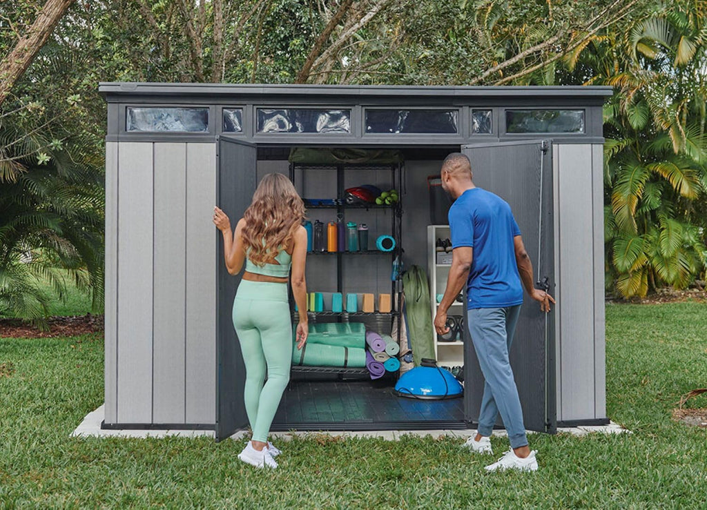 2025 Keter Artisan 11x7 Modern Resin Outdoor Storage Shed Kit-Perfect to Store Patio Furniture, Garden Tools Bike Accessories, Beach Chairs and Lawn Mower, Grey & Black