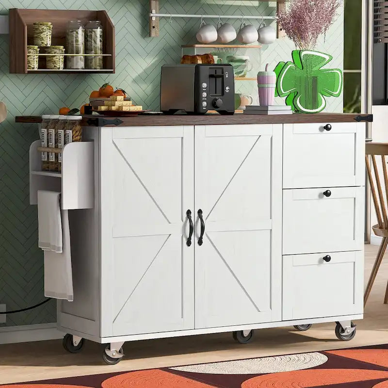 54.5 Farmhouse Kitchen Island with Power Outlet, Internal Storage Rack, Drop-Leaf Tabletop, Spice Rack, Rolling Cart On Wheels