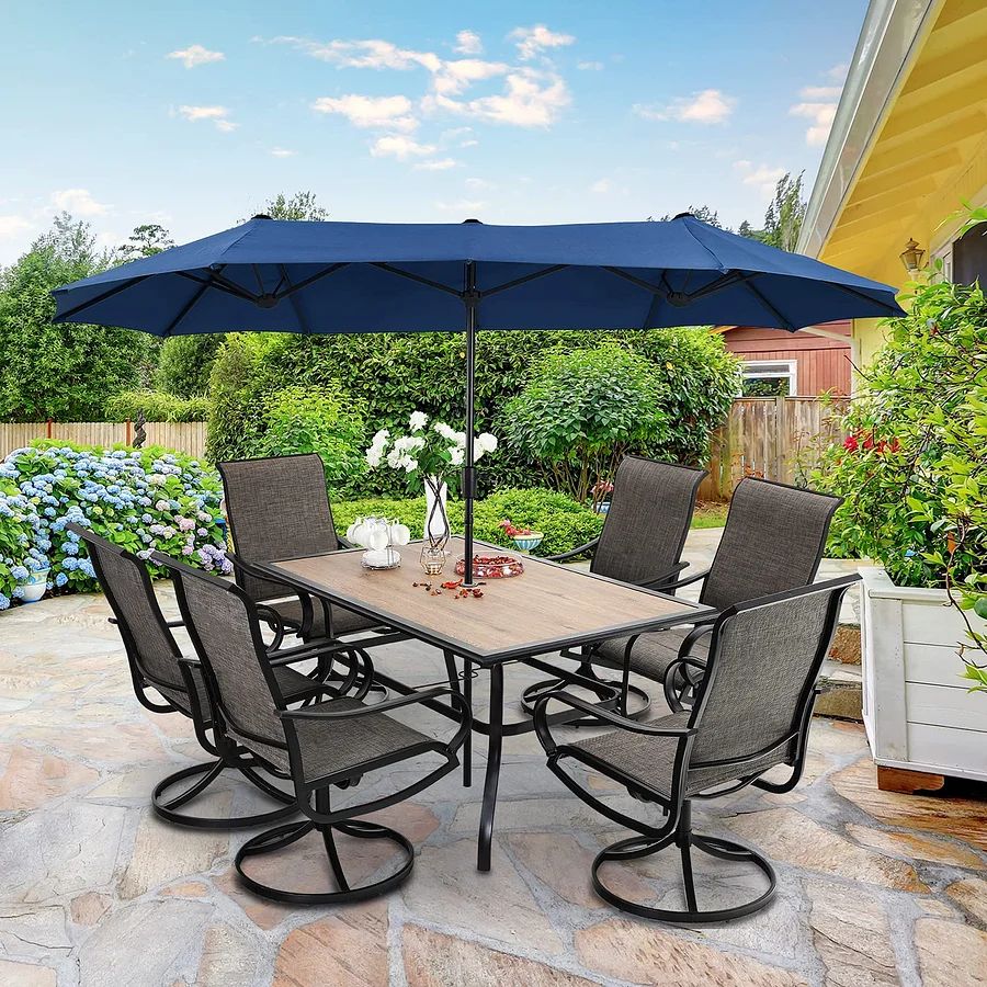 2025 8 Pieces Patio Dining Set with Umbrella,Outdoor Furniture Set with 6 Sling Dining Swivel Chairs