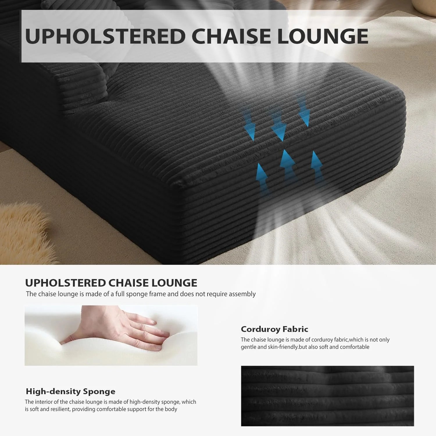 50 Inch Chaise Lounge Chair Indoor, Oversized Corduroy Upholstered Boneless Sofa Bed, Deep Seat Sleeper Couch Reading Chairs, Cloud Sofas Couches for Living Room, No Assembly Required (Dark Grey)