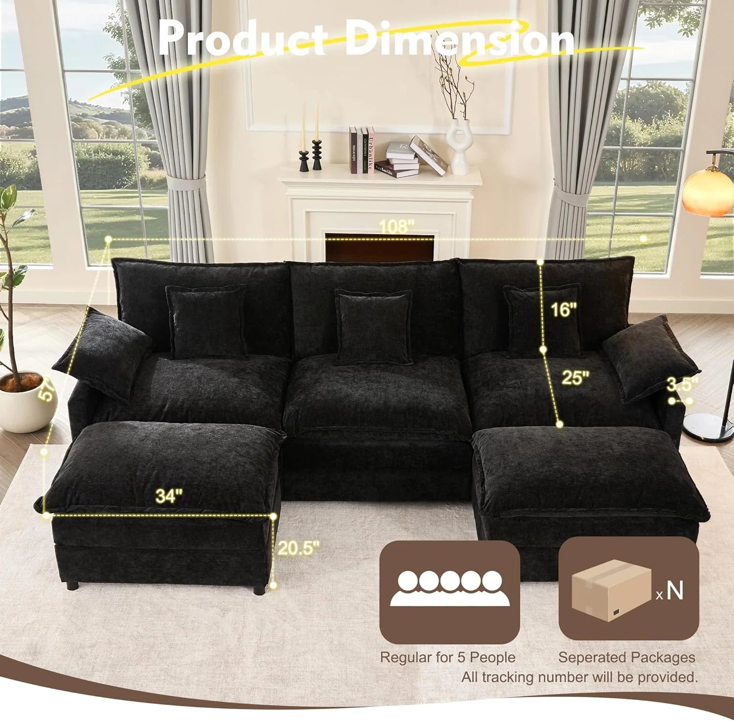 108" U Shaped Couch, Modular Sectional Sofa, 3-Seater Comfy Cloud Couch with Movable Ottoman, Deep Seat Couches for Living Room, Linen, Beige