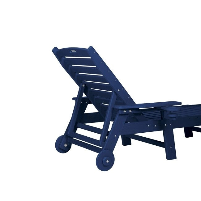 3-Piece Patio Set  2 Oversized Chaise Lounges (5-Position, Wheels, Cup Holder) + Side Table, All-Weather Wood Texture.