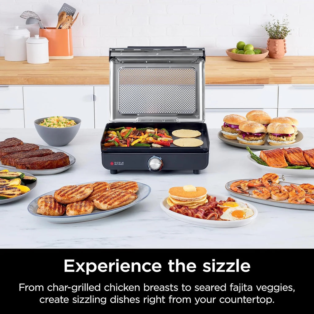 Ninja Griddle and Indoor Grill, 14��锟�? Electric Grill, For Steak, Burgers, Salmon, Veggies, and More, Pancake Griddle, Nonstick, Dishwasher Safe, 500F, Even Cooking, Silver, GR101
