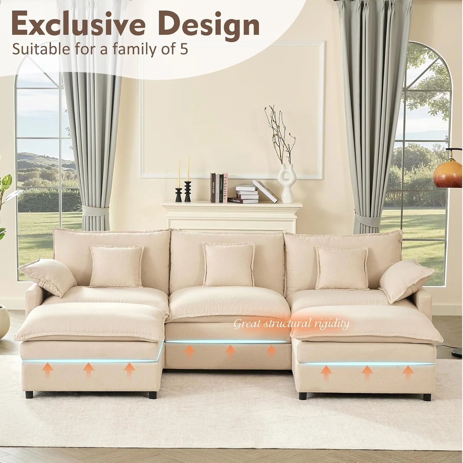 108" U Shaped Couch, Modular Sectional Sofa, 3-Seater Comfy Cloud Couch with Movable Ottoman, Deep Seat Couches for Living Room, Linen, Beige